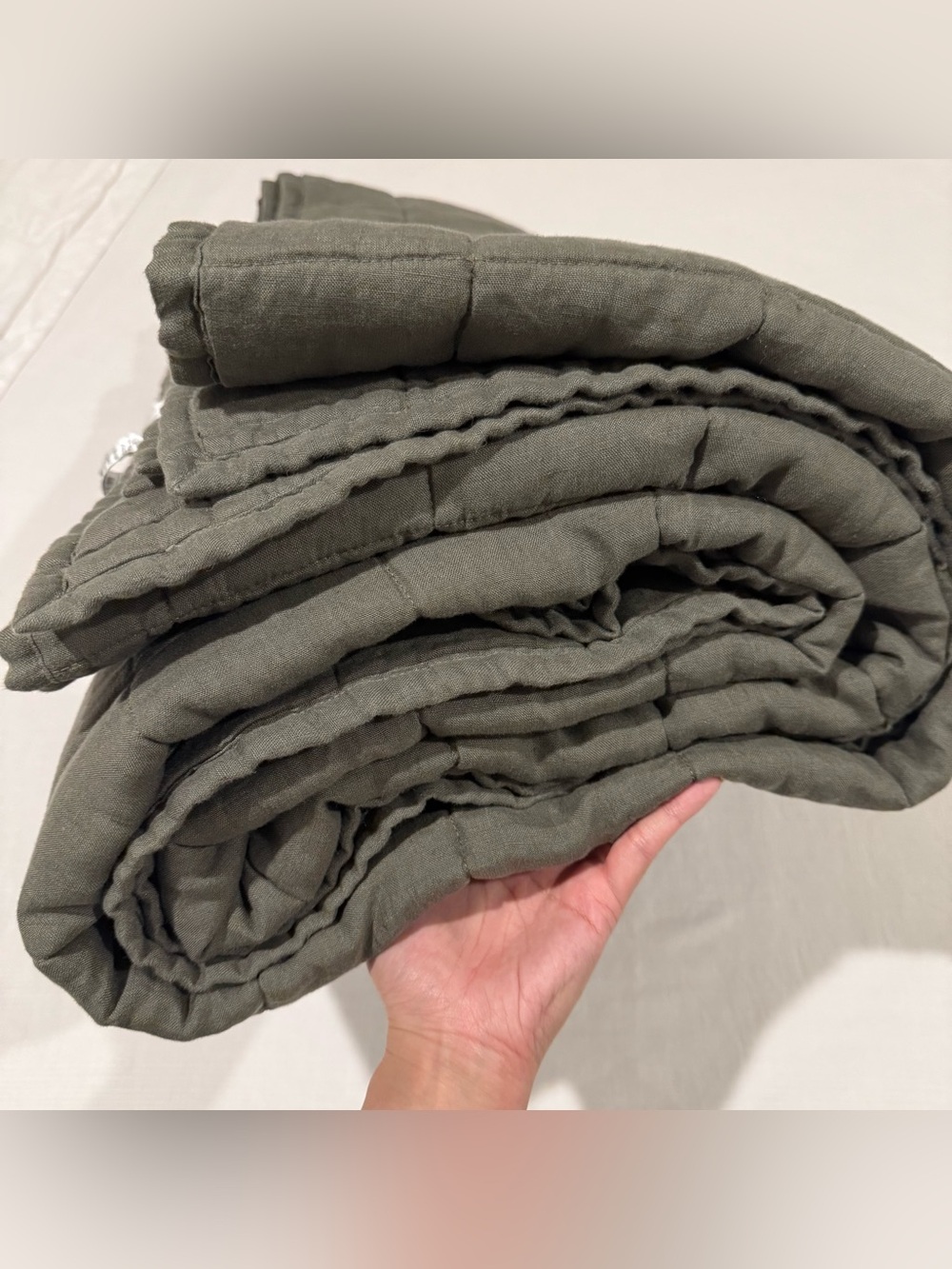 Brand New Quince European Linen Box Full/Queen $164 Dusty Olive No Shams Defect - Picture 6 of 7